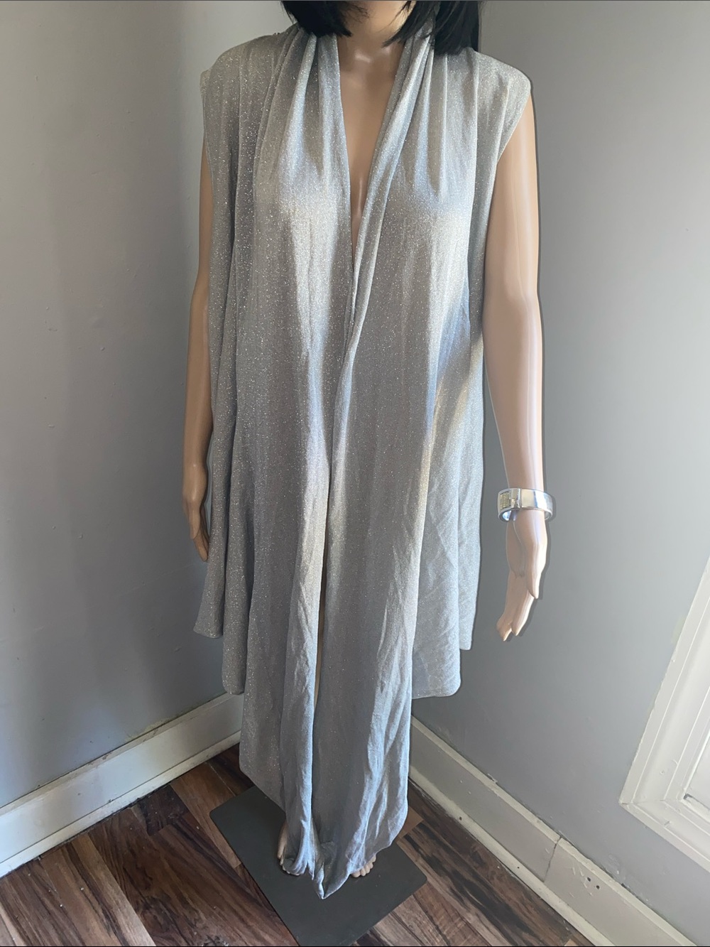 Silver Sparkle Sleeveless Draped Maxi Dress